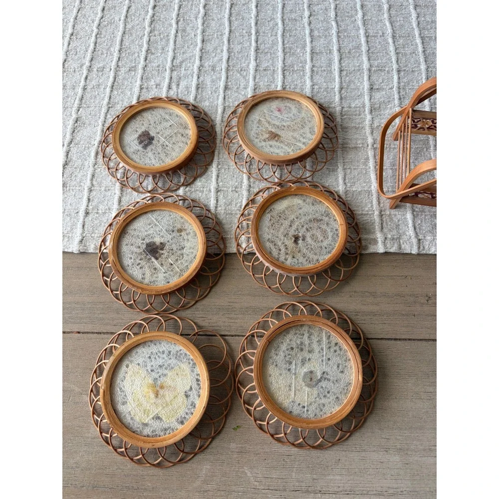 Vintage Bamboo Wicker Coasters Set of 6 Real Pressed Butterfly MCM bar ware